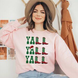 Christmas hat Yall Red and Green Cowboy Cowgirl Western Boots pink sweater